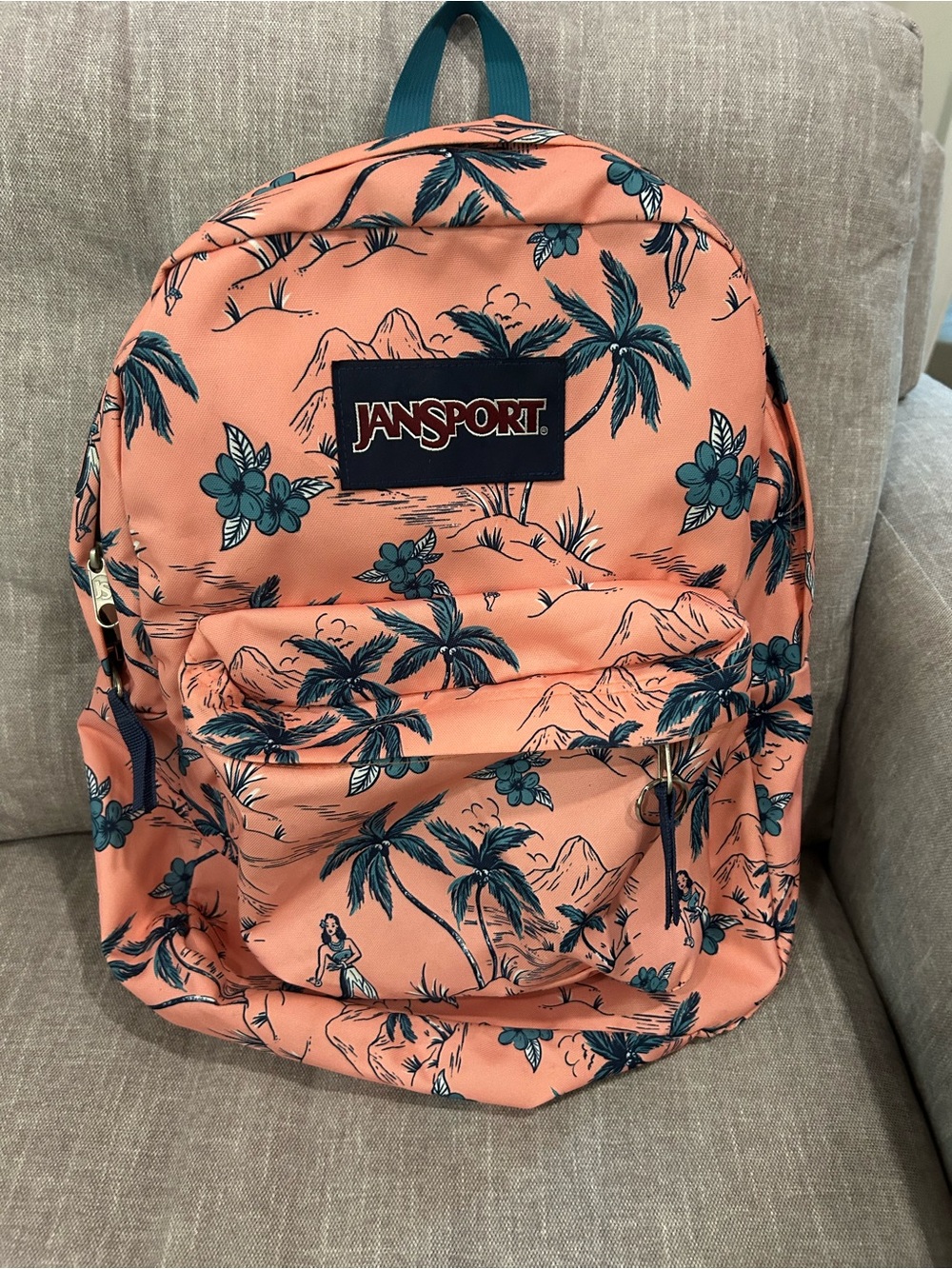 JanSport Hawiian Tropical Print Daypack with Teal Palm Motif